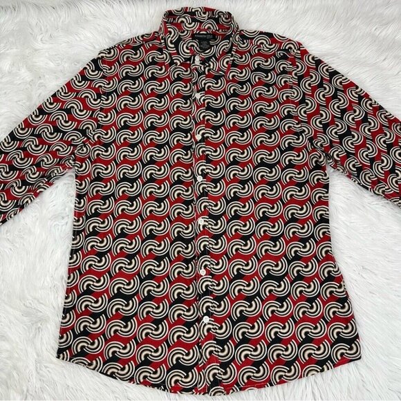 Kenneth Cole NY Men’s Black Red GEO Retro Button Down Long Sleeve Shirt L/C40 - Picture 2 of 8